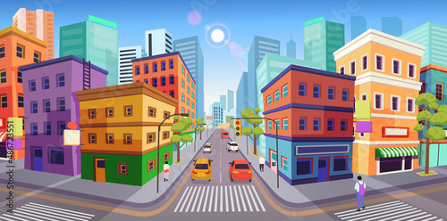 Panorama city building houses with shops: boutique, cafe, bookstore, mall crossing and traffic light .Vector illustration in cartooon style.