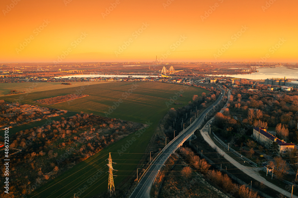 Agigea and Eforie Nord seaside resorts. Aerial view during a beautiful sunrise, Black Sea landmark in Romania.