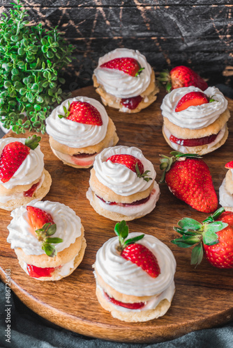 Mini Victoria sandwich cake. Sponge cake is a light cake made with egg whites, flour and sugar. Selective focus shot.