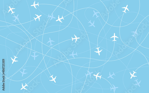 Aircraft background. Vector illustration of airplane destinations seamless background. Planes icon in blue sky. Airline industry and traveling concept.