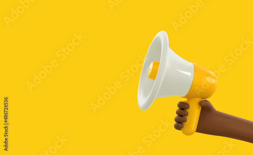 3d cartoon African hand holding megaphone vector illustration. Promotion advertising or hirind 3d loudspeaker in african american arm.