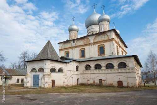 Ancient Cathedral of the Sign (Znamenskiy Cathedral) on a April afternoon. Veliky Novgorod, Russia