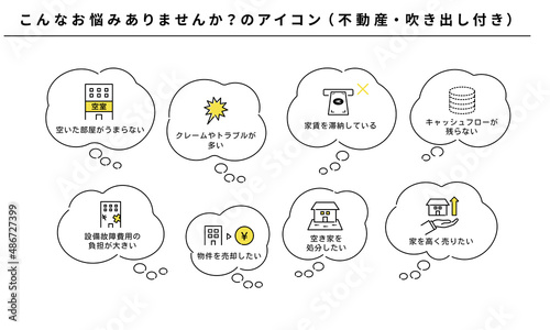 こんなお悩みありませんか？のアイコンセット（不動産）、吹き出し付き、ベクター