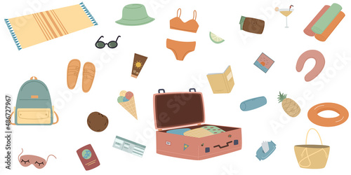 Vector set with tourist items such as passport, suitcase, swimsuit, ticket, beach towels and fruit. The concept of travel and tourism. Color flat vector illustration isolated on a white background