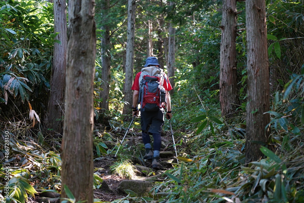 登山道を歩く男性 登山道を歩く男性