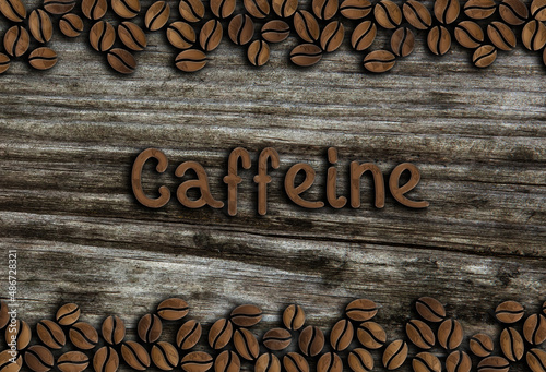 coffee beans ornament with inscription caffeine on a wooden background illustration