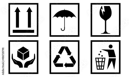 Black fragile sign on white background. Packaging symbol set. Vector 10 EPS.