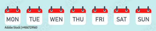 Icons with calendar days week. Days week : monday, tuesday, wednesday, thursday, friday, saturday, sunday. Vector set.