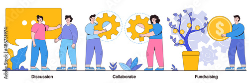 Discussion, collaboration, fundraising concept with people character. Teamwork and coworking web banners abstract vector illustration set. Online business conference, money investment metaphor