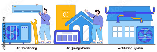Air conditioning, air quality monitor, ventilation system concept with people character. Indoor weather and climate control technology vector illustration set. Cooling and heating appliance metaphor
