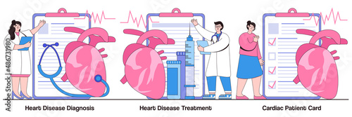Heart disease diagnosis and treatment, cardiac patient card concept with people character. Cardiovascular illness vector illustration set. Heartbeat rate, chest pain, stress test, hospital metaphor