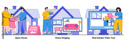 Open house, home staging, real estate video tour concept with people character. Home for sale vector illustration set. Floor plan, walk through, private residence, potential buyer, furniture metaphor
