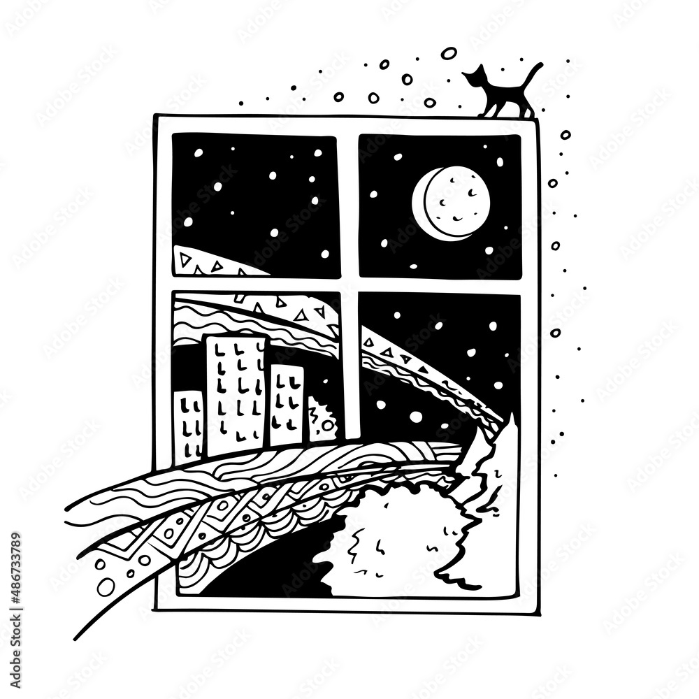 Obraz premium Decorative window with an ornament and with a view of the night city with houses and the moon and stars and a black cat