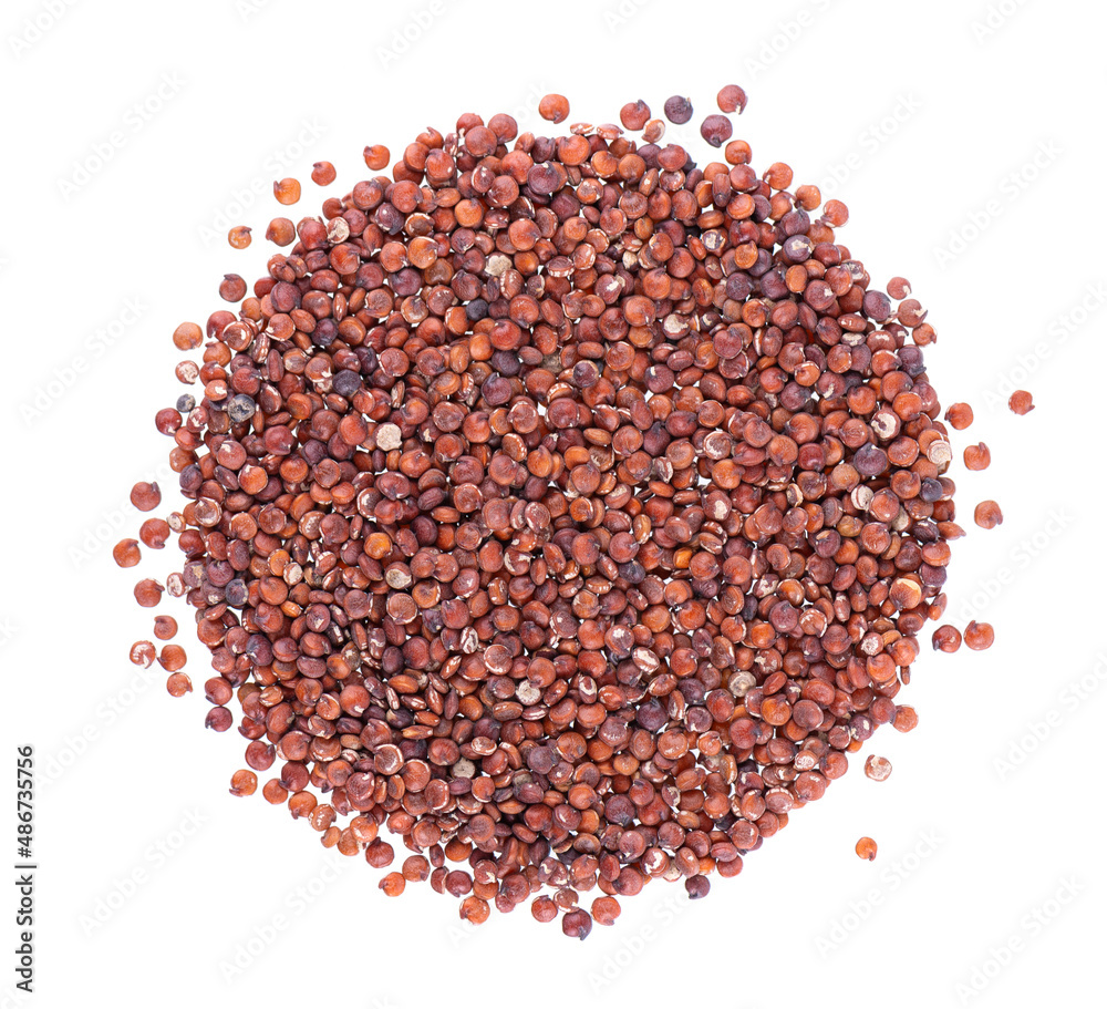 Red quinoa seeds isolated on white background. Pile of raw kinwa. Top view. Red quinoa seeds isolated on white background. Pile of raw kinwa. Top view.