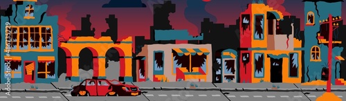 Destroyed city. Cartoon apocalyptic abandoned streets with ruined houses and property after disaster or war. Vector illustration