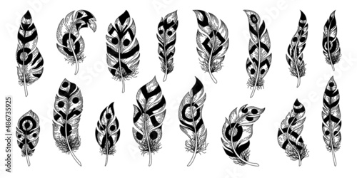 Indian feathers. Hand drawn bird plumage with native American tribal retro ornaments, vintage decorative sketch. Vector set