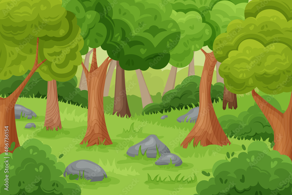 Cartoon forest background. Green wood with old trees bushes and grass.  Outdoor nature landscape. Vector illustration Stock Vector | Adobe Stock