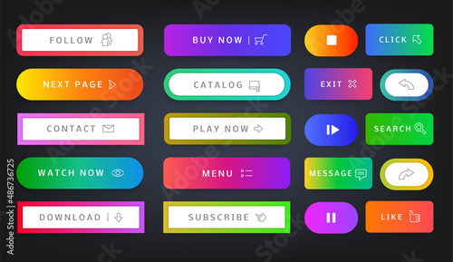web buttons. User interface web dashboard and application interaction banners with call now, read more, download text. Vector game menu button set
