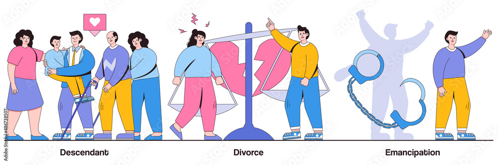 Descendant, divorce, emancipation concept with people character. Wife and husband break up vector illustration set. Marriage annulment, social rights, gender equality, society issues metaphor