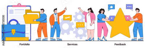 Portfolio, services, feedback concept with people character. Candidate CV, job searching Internet service abstract vector illustration set. Customer review, employee resume metaphor