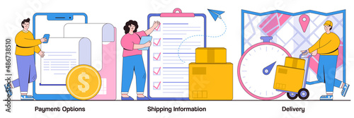 Payment options, shipping information, delivery concept with people character. E-commerce website order processing vector illustration set. Shopping cart, online banking, international delivery