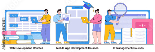 Web development courses, mobile app development and IT management classes concept with people character. Information technology career vector illustration set. Junior frontend, online coding metaphor