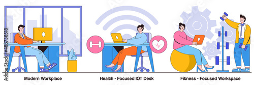 Modern workplace, health-focused IOT desks, fitness-focused lifestyle concept with people character. Modern office vector illustration set. Employee happiness and well-being, activity tracking