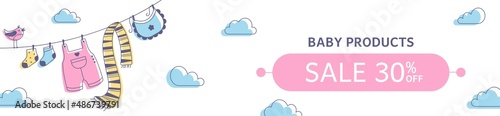 Horizontal banner with baby overalls, scarf, socks, bib on a rope and a bird. Banner template for Sale 30%. Vector illustration for a store on a white background.