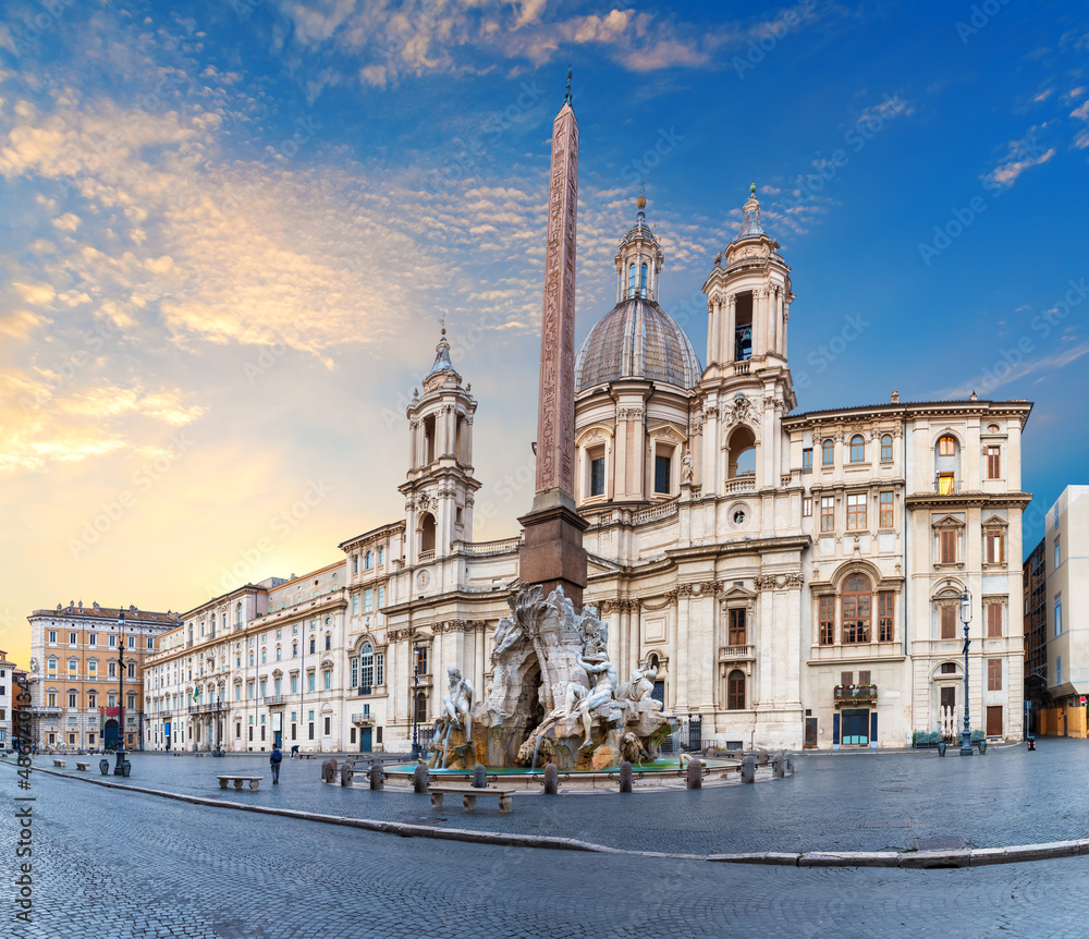 Fountain of the Four Rivers by the Church of Sant'Agnese by Bernini in Piazza Navona, Rome, Italy