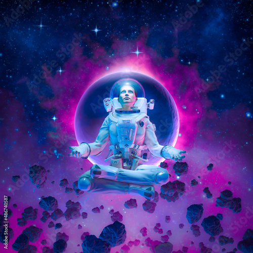 Cosmic harmony meditating female astronaut - 3D illustration of woman in lotus pose floating in space before moon eclipse