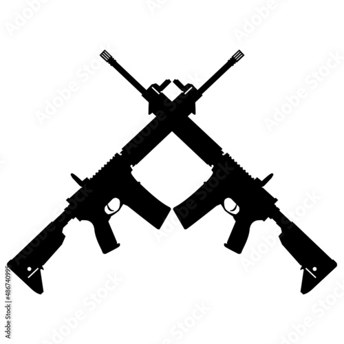 crossed assault rifles on white background. crossed silhouette AK47 assault riffle symbol. two crossed an assault rifle sign. flat style. photo