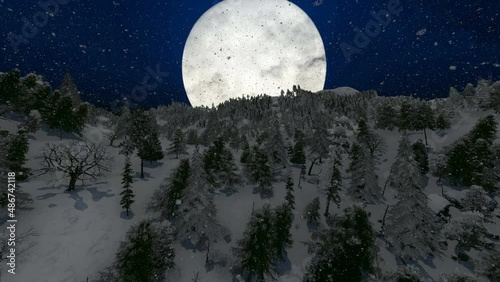 Big moon against forest mountain snowfall photo