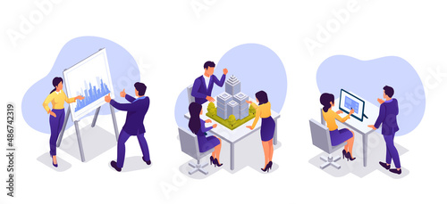 Vector of a team of real estate developers discussing esidential city project