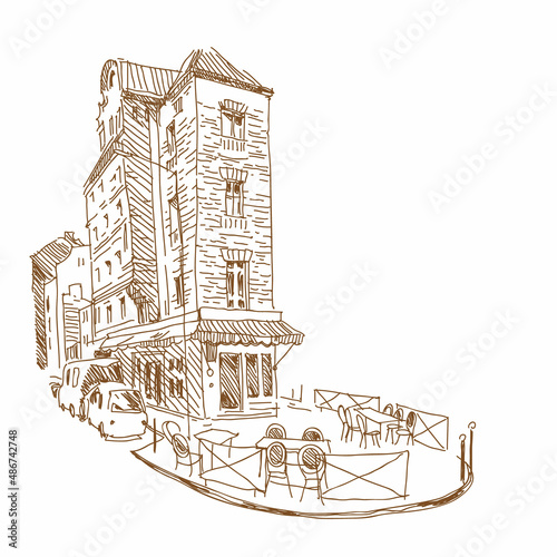 Cafe city sketch hand drawn, vector illustration