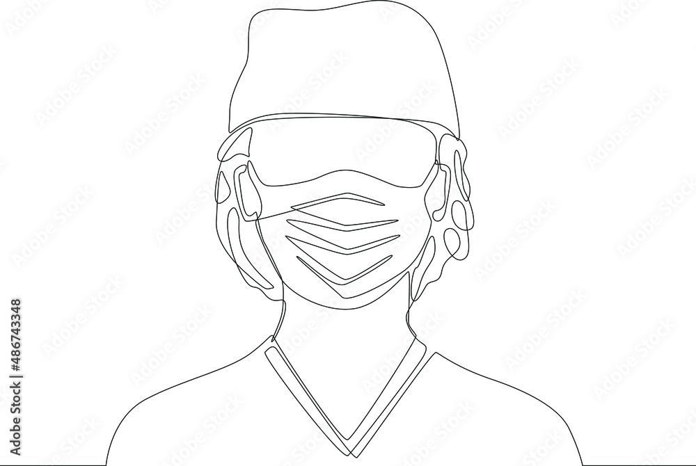 A nurse wears a mask and other equipment to avoid Covid-19 while on duty. Temporary hand painting using black and white background. Vector illustrations. Covid-19. Pandemic.