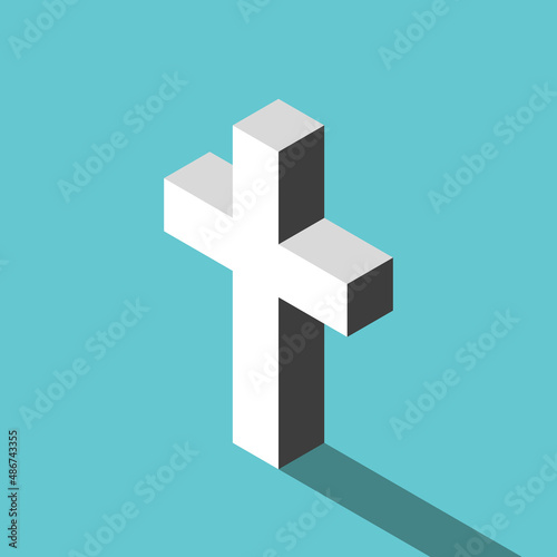 Isometric Christian cross, white on turquoise blue. Christianity, religion, spirituality and church concept. Flat design. EPS 8 vector illustration, no transparency, no gradients
