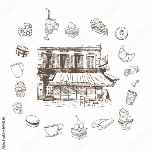 Cafe confectionery sketch hand drawn, vector illustration