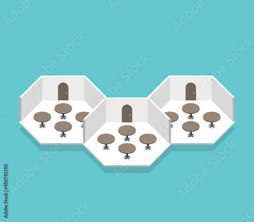 Isometric floorplan of hexagonal rooms with tables. Modern minimal interior, event planning and separate small groups concept. Flat design. EPS 8 vector illustration, no transparency, no gradients