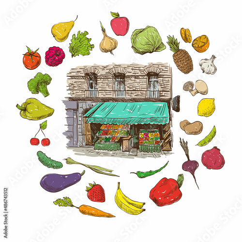 Grocery store, building sketch hand drawn, vector illustration