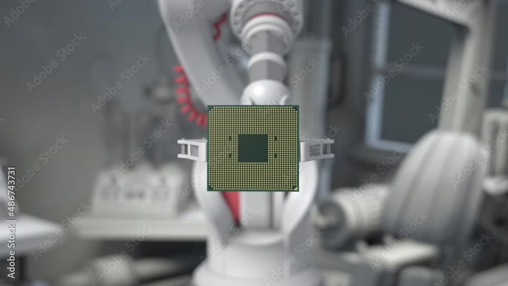 Modern High Tech Authentic Robot Arm Holding Contemporary Super Computer Processor. Industrial Robotic Manipulator End Effector Holding CPU Chip. Modern High Tech Authentic Robot Arm Holding Contemporary Super Computer Processor. Industrial Robotic Manipulator End Effector Holding CPU Chip.