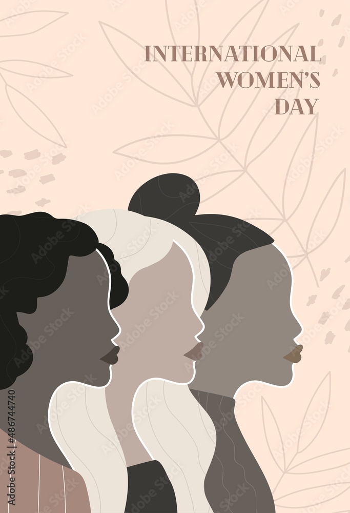 Vector International Women's Day Banner with happy Women different nationalitie. 8th march poster. Pastel background for web, postcard. Pastel colors