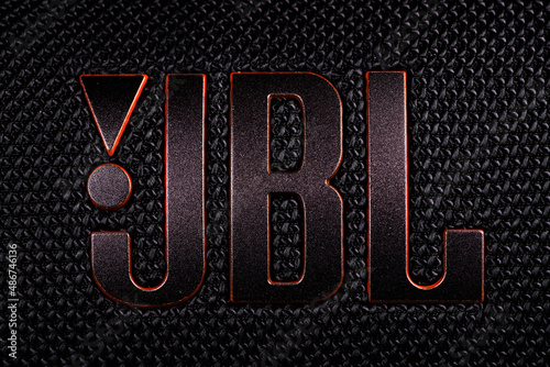 Dnipro, Ukraine - 15 january, 2022: JBL logo. Black bluetooth column JBL.  Black bluetooth JBL column Stock Photo | Adobe Stock