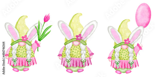 Watercolor hand drawn illsutation of Easter gnomes in cute kawaii pink and green clothes. Scandinavian nordic grnomes with flowers balloons bunny ears. Design for easter party invitations funny cards.