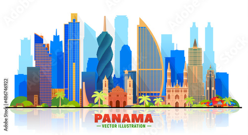 Panama city ( Panama ) skyline with panorama in white background. Vector Illustration. Business travel and tourism concept with modern buildings. Image for presentation, banner, website. 