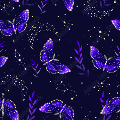 Vector illustration with moon moth and crescents. Contemporary composition. Trendy texture for print, textile, packaging.