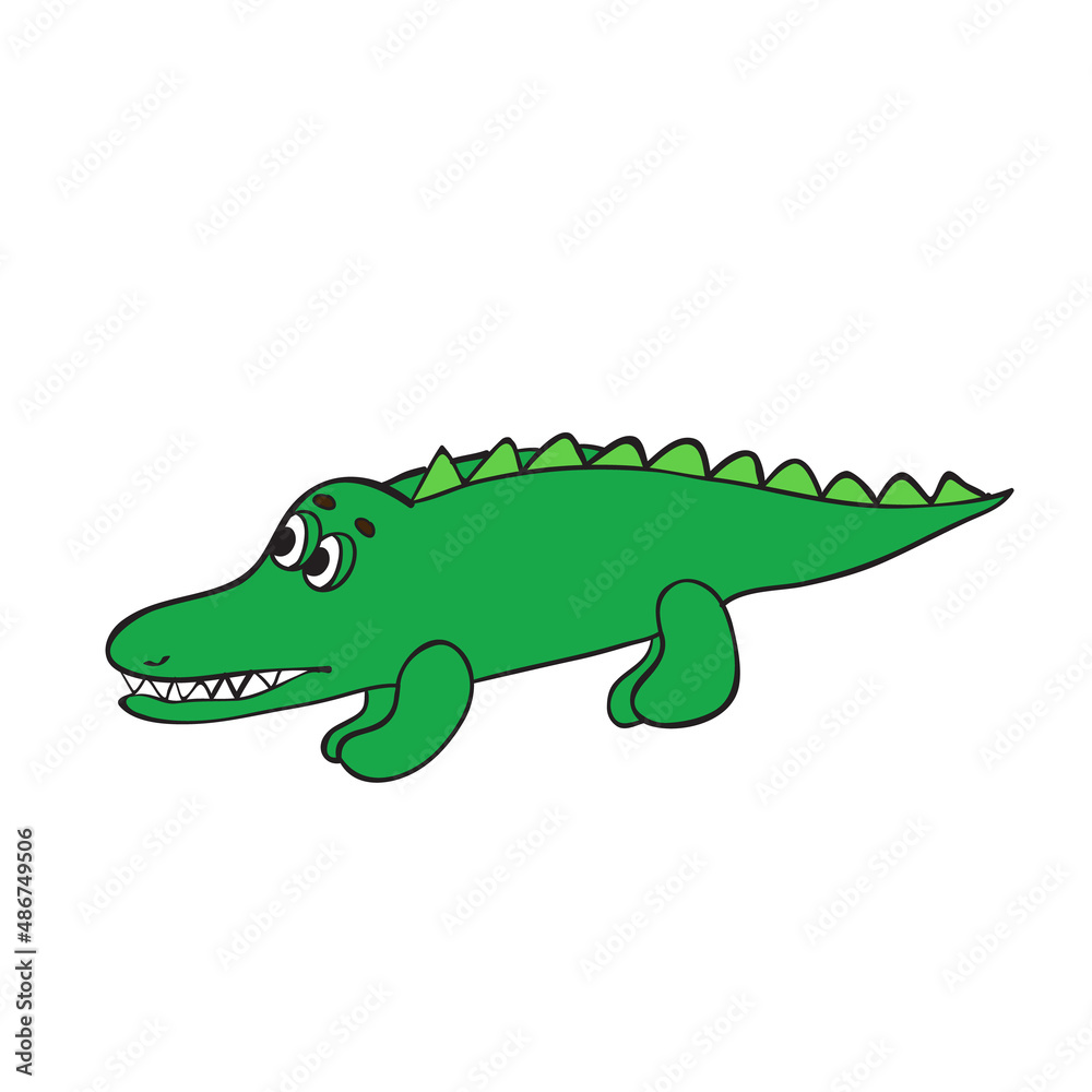 Cute friendly green crocodile with raised tail. Happy smiling alligator isolated on white background. Childish flat cartoon vector illustration Cute friendly green crocodile with raised tail. Happy smiling alligator isolated on white background. Childish flat cartoon vector illustration