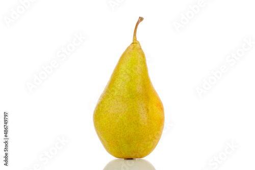One sweet juicy pear, macro, isolated on a white background.
