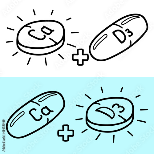 Mineral Ca and vitamin D3 icon in doodle style. Icon capsule of Calcium, Cholecalciferol. Thin line icon for website or package design, app development. Vector