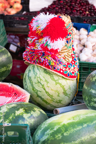 A typical hat of the traditional clothing of the women of Montehermoso decorating a fruit stand photo