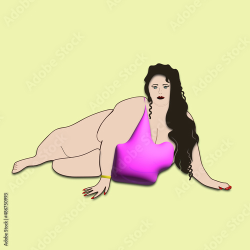 the super size model is a fat girl lying in a pink swimsuit with her hair down and a beautiful face. body positive